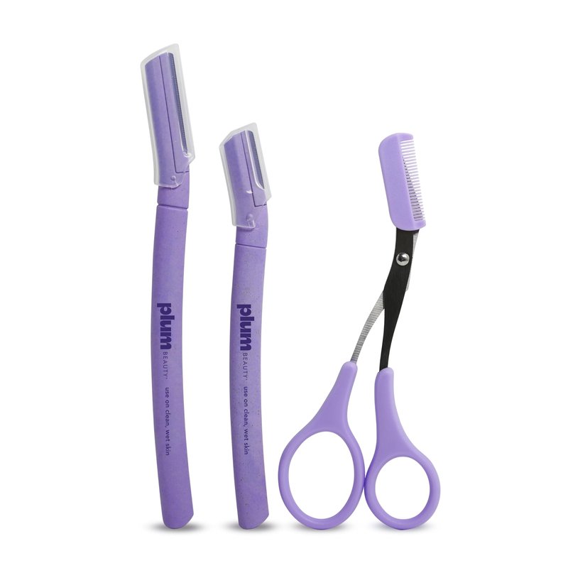 Plum Beauty Eyebrow Shaping Set – Complete 3-Piece Grooming Kit with 2 Folding Razors & Precision Trimming Scissors with Brush - Painless Brow Definition & Maintenance