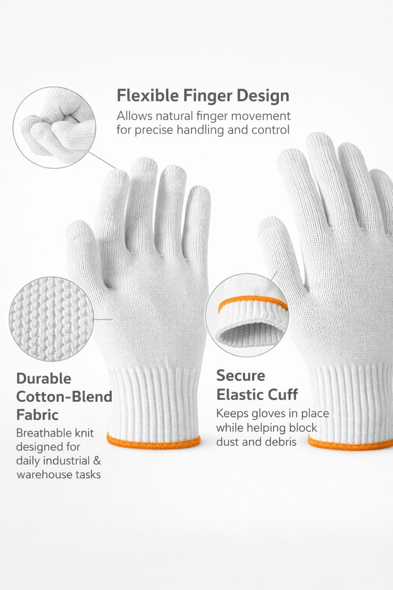 EIRUN 12 Pairs White Cotton Work Gloves, Reusable Soft Cotton Knit Gloves for Men & Women, Washable Inspection Gloves for Jewelry, Coins, Warehouse & Packing, Breathable Fit with Orange Cuff