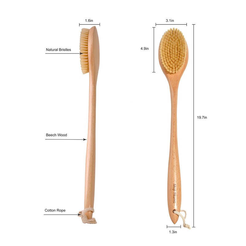 Maji Mama 19.7inch Upgrade Long Handle Bath Brush Wood Shower Brush Natural Bristles for Wet or Dry Brushing, Back Scrubber for Gentle Exfoliating and Cleaning