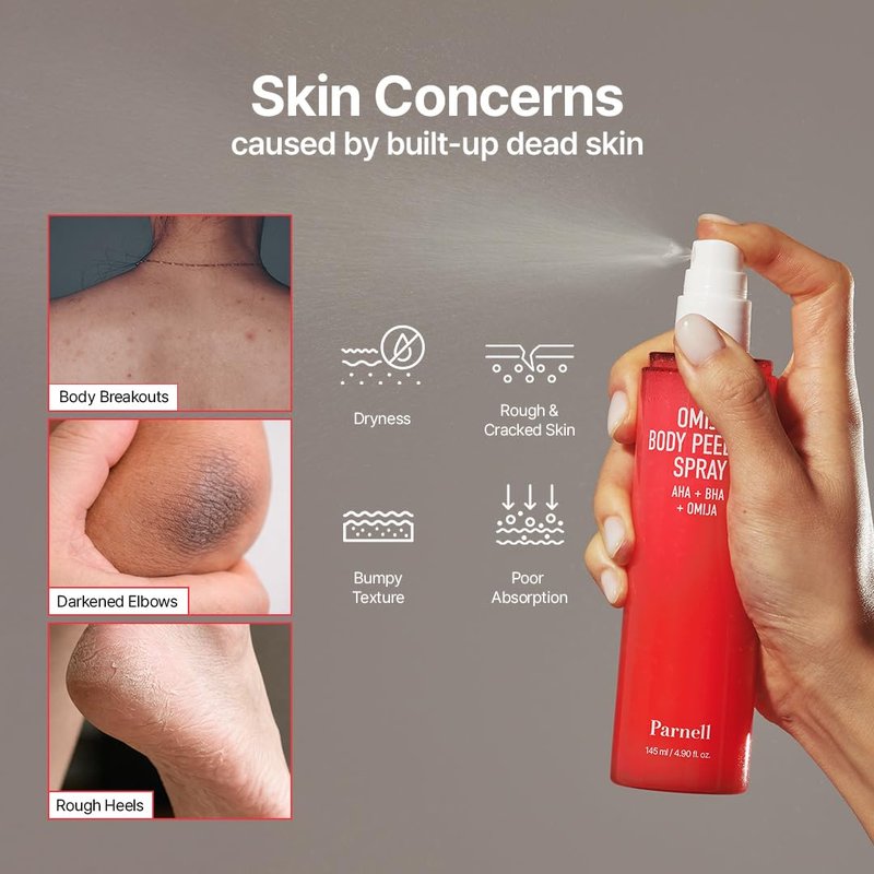 PARNELL AHA Omija Ceramic Body Peeling Spray – AHA BHA PHA Body Exfoliant for Keratosis Pilaris, Strawberry Legs, Dark Spots & Dead Skin Remover – Chemical Exfoliant, Rough Skin 4.60 fl.oz