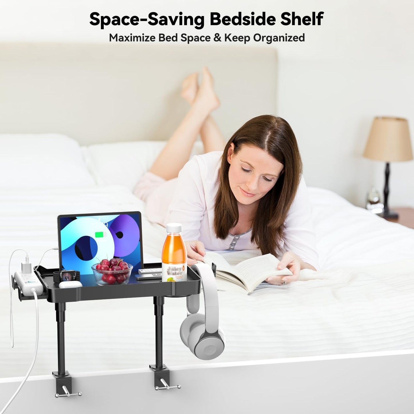 Bedside Shelf Bunk Bed Shelf for Top Bunk 15’’ Clip On Bedside Tray Adjustable Height Attachable Bedside Table Dorm Bedside Table for Loft Bed Dorm Room with Cup Holder & 3 Retractable Hooks Black