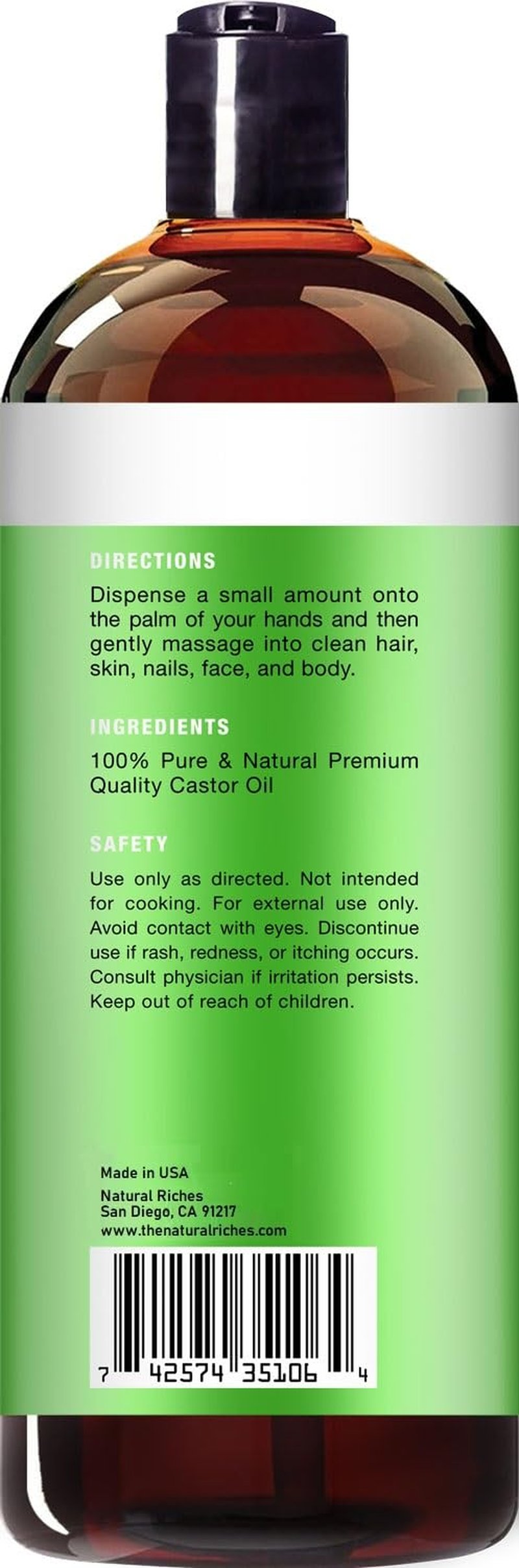 Natural Riches Organic Castor Oil - Cold Pressed, USDA Certified for Hair Growth, Thicker Eyelashes, Eyebrows - Moisturizes Dry Skin and Hair, Helps with Dandruff - Hexane-Free, 16 fl. oz.