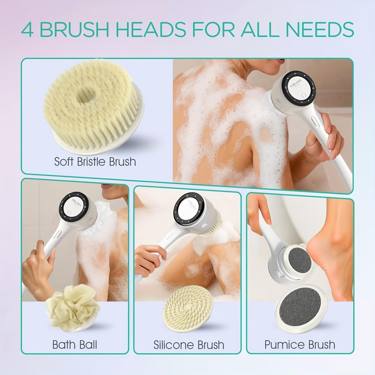 Electric Body Brush Back Scrubber for Shower, Waterproof Long Dual Handle Power Body Scrubber with 5 Heads, Bath Brush 3 Speeds, for Cleansing,Exfoliating and Massaging Skin,Gift for Birthday Holiday