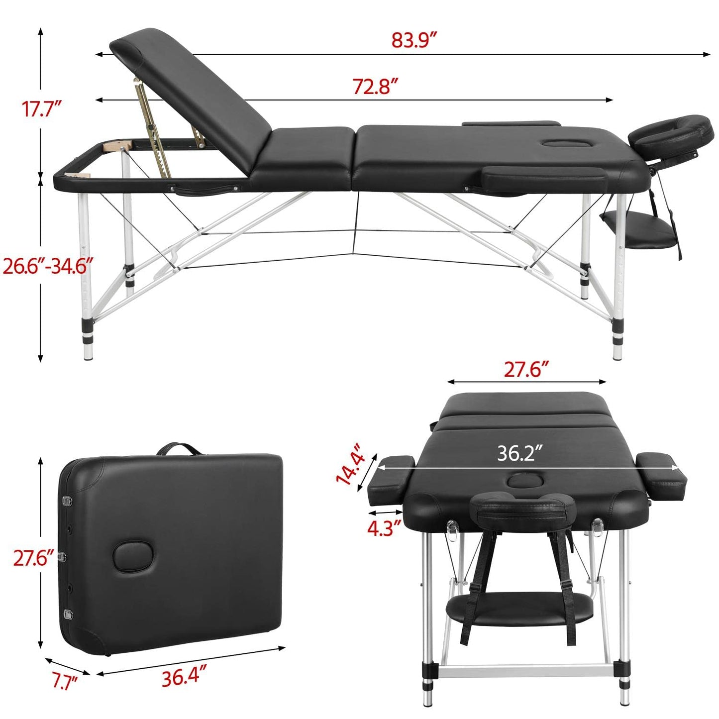 Yaheetech Massage Tables Portable Tattoo Table Adjustable Lash Bed Aluminium 3 Folding Spa Bed with Non-Woven Bag 28 inch Wide Black