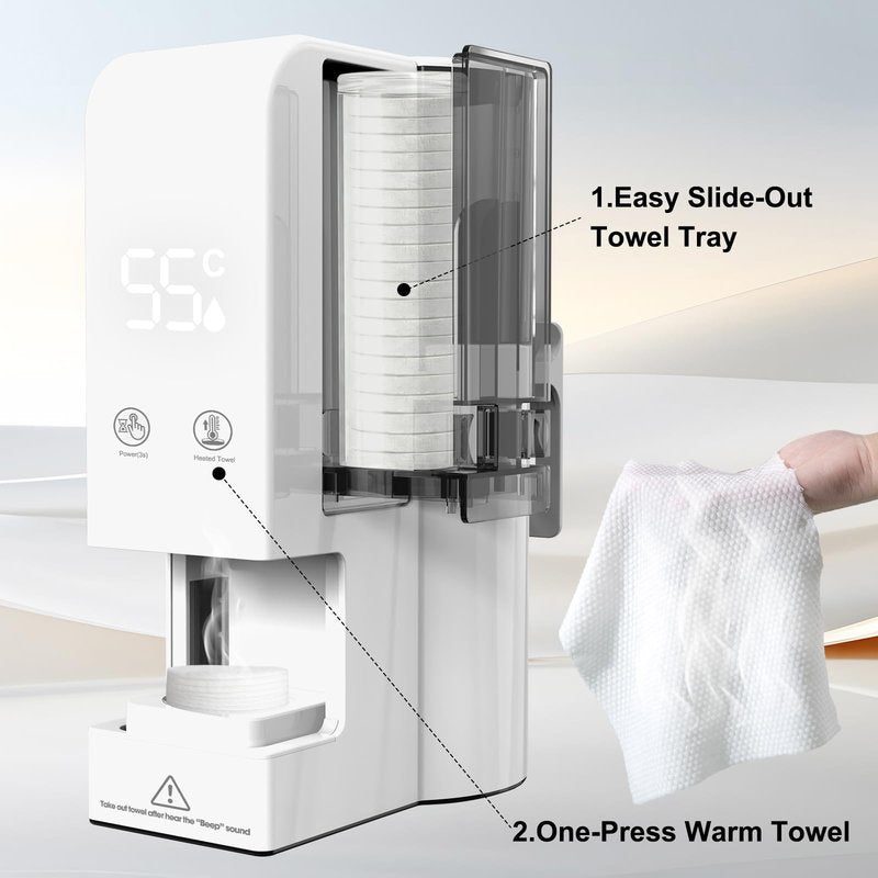 Hot Face Towel Dispenser, Hot Face Towel Heater Machine, 55°C Constant Temperature, Auto Heating & Dispensing, 80 Compressed Towels, Voice Alerts