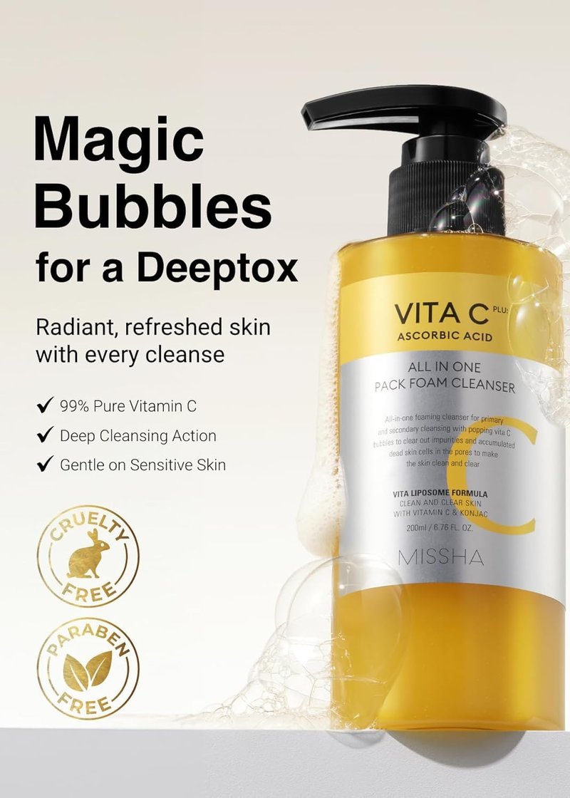 MISSHA Vita C All-In-One Bubble Foam Facial Cleanser 6.76 Fl oz / 200ml- Deep Pore Detox, Magic Bubbles with 99% Pure Vitamin C, Korean Face Wash - Removes Impurities, Makeup, Blackheads, Whiteheads