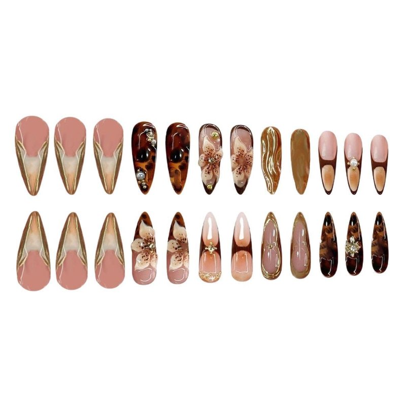 Almond Press-On Nails | Brown Floral Artificial Nails with Gold Charm | 24 Pcs Summer Design