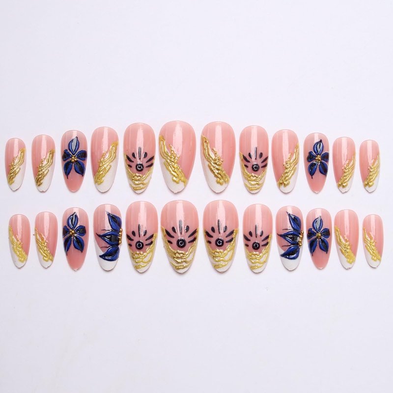 Blue Floral Press-On Nails - Almond Shape Chrome Gold French Tip | 24 Pcs Full Cover Acrylic for Weddings & Daily DIY Nail Art