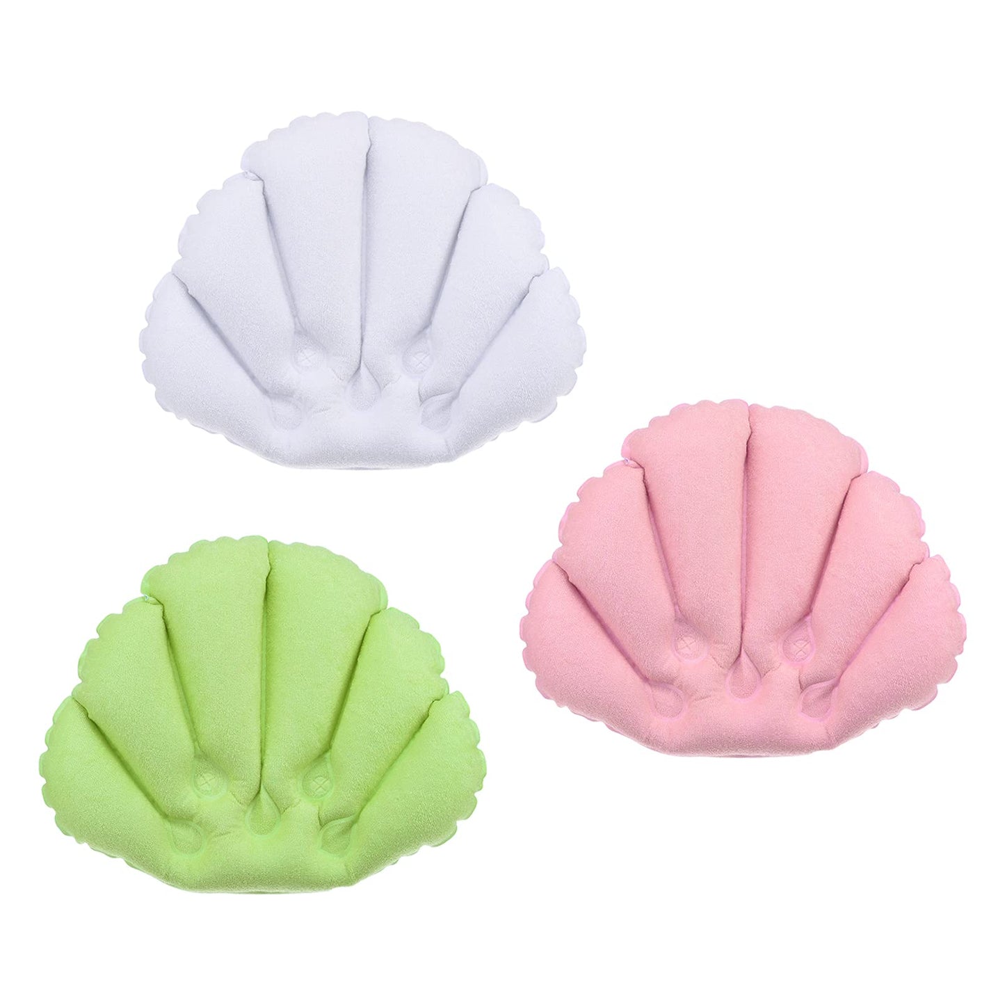 PATIKIL Inflatable Bath Pillow with Suction Cups, 3 Pack Terry Cloth Covered Shell Shape Bath Pillow Neck Support for Bathtub Hot Tub (Pink, White, Green)
