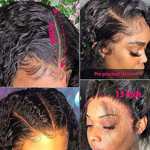 13x4 Deep Wave Human Hair Lace Front Wigs for Black Women Brazilian Virgin Human Hair Deep Curly Lace Front Wigs with Baby Hair Pre Plucked Bleached Knots Natural Color 180% Density 16 Inch