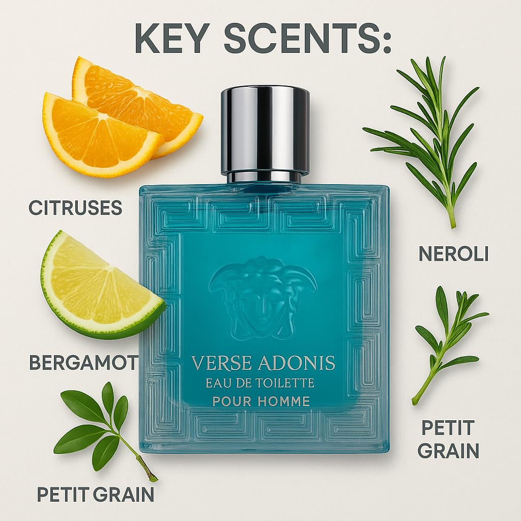 Verse Adonis Men’s Cologne Gift Set – 4 Fragrance Collection (Energetic, Pour Homme, Aquarius Blue, Uomo Fantasy) – Long Lasting Cologne Sprays with Fresh, Citrus, Woody Notes – 3.4 Fl Oz Each