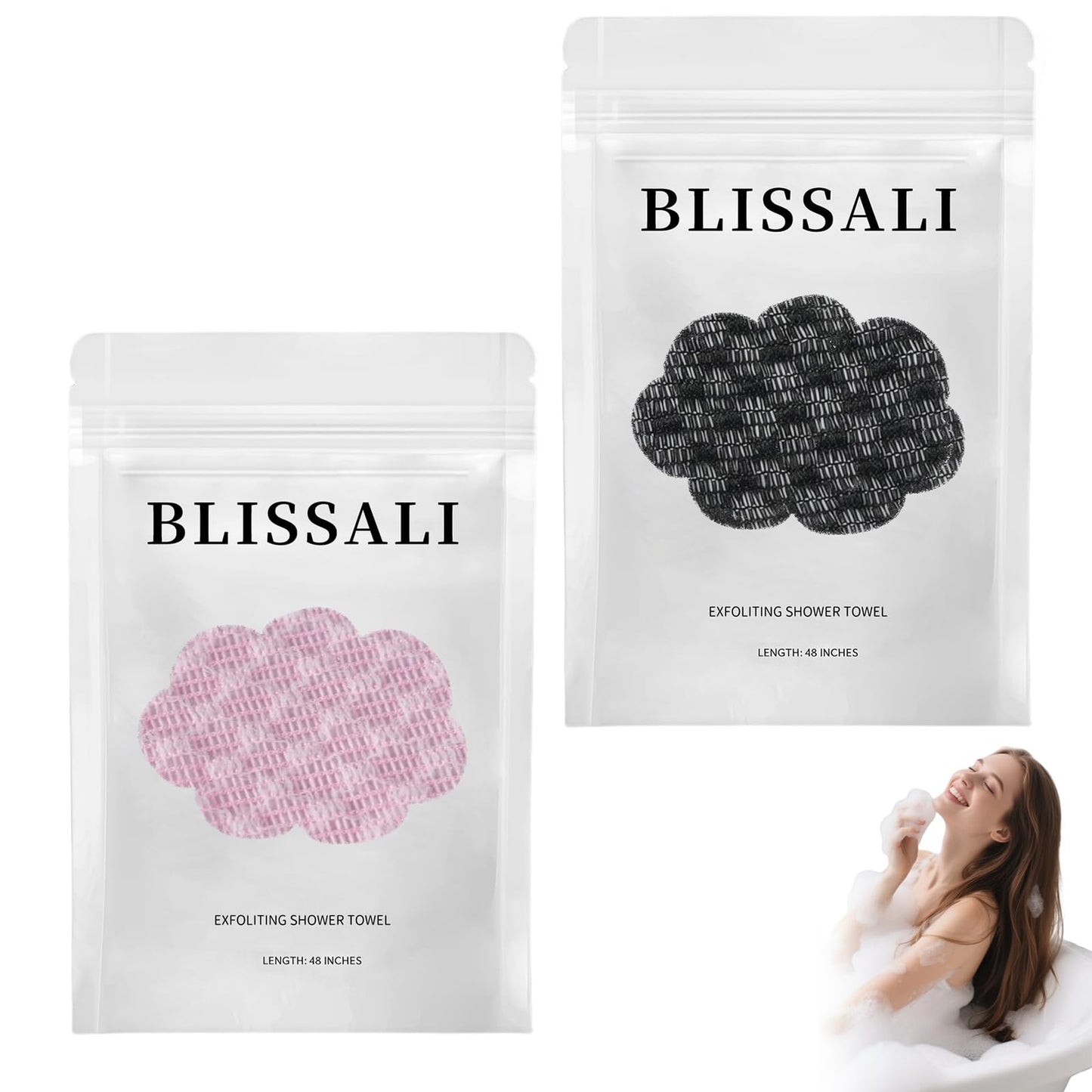 Blissal Exfoliating Shower Towel, 2-in-1 Exfoliating Towel, Premium Scrub Wash Cloth for Body Face, Blissal exfoliatings Towels-Body Scrubber with 2 Sides for All Skin Types (Black+Pink)