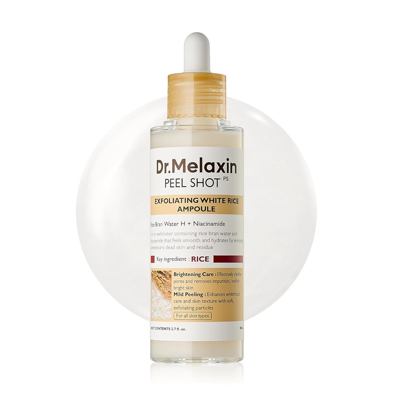 Dr. Melaxin Glow White Rice Peeling Ampoule - Brightening Exfoliating Serum with AHA/BHA, Niacinamide & Hyaluronic Acid | 2.71 fl. oz
