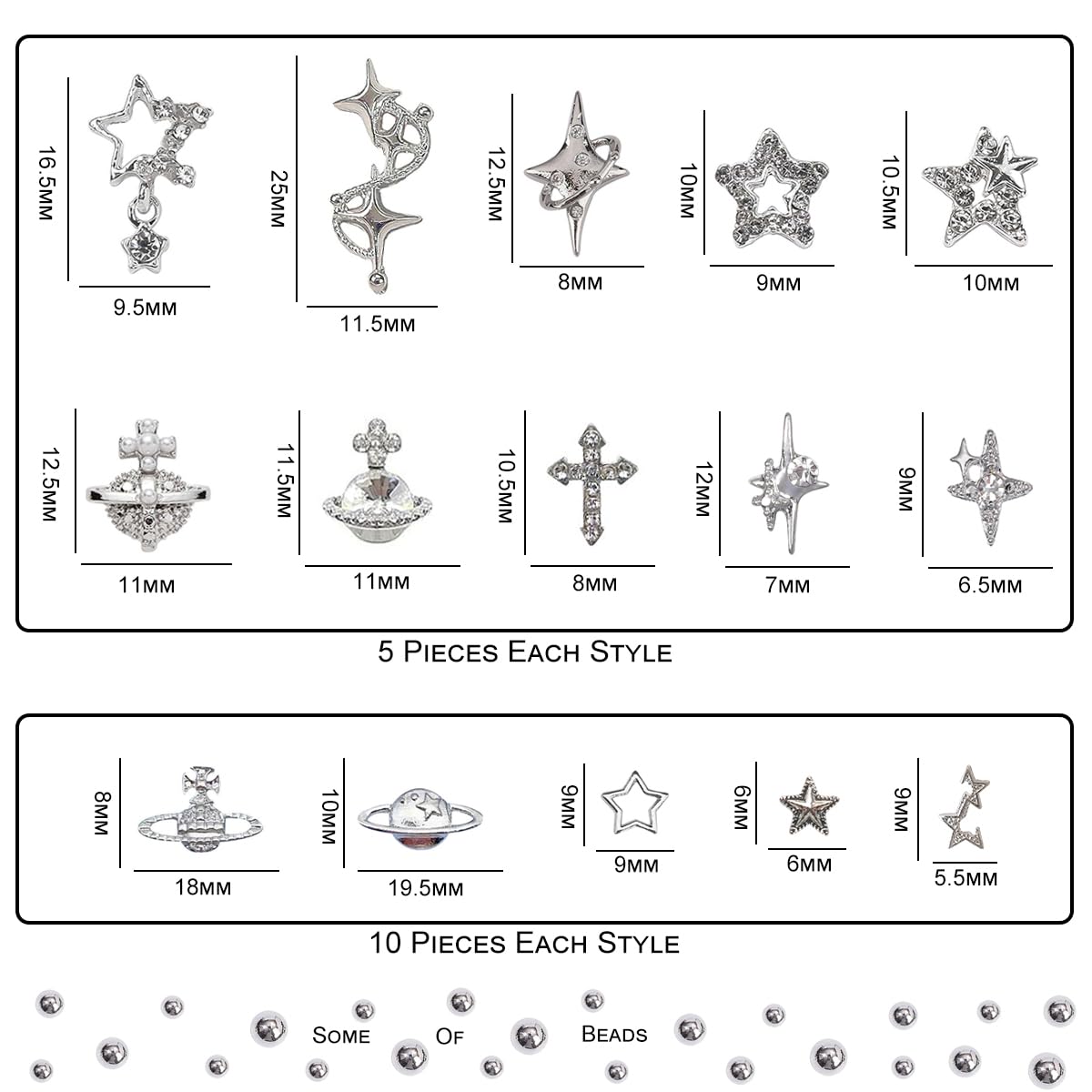 Star Nail Charms - 120+ Pcs Rhinestone Inlaid Silver Star & Planet Decorations | Nail Art Accessories for DIY Manicure