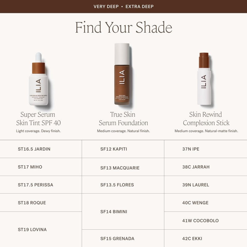 ILIA - True Skin Serum Foundation | Non-comedogenic, Cruelty-Free, Vegan, Weightless Feel, Buildable Coverage, Safe For Sensitive Skin (Grenada SF15)