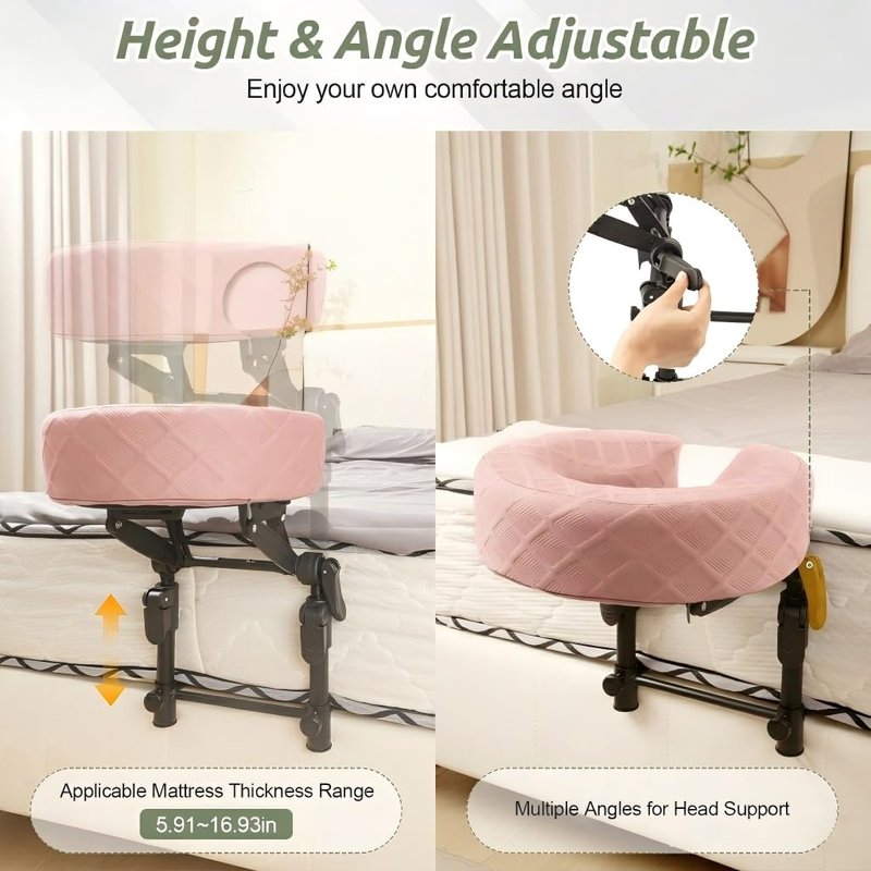 Massage Headrest for Bed, Adjustable Massage Face Cradle at Home, Portable Massage Table Kit for Sleeping Mattress, Face Down Pillow After Eye Surgery (Pink, with Armrest Shelf & Breast Pillow)