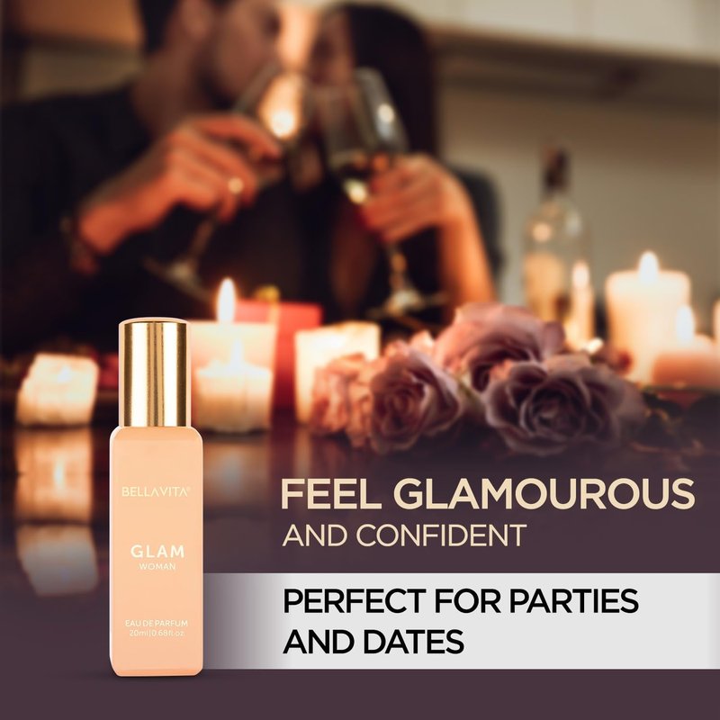 Bellavita Luxury GLAM Eau de Parfum | 20 ml (0.7 fl.oz.) | Travel Size Perfume for Women | White Floral, African Orange, Jasmine, and White Honey Notes | Long Lasting Women's Fragrance