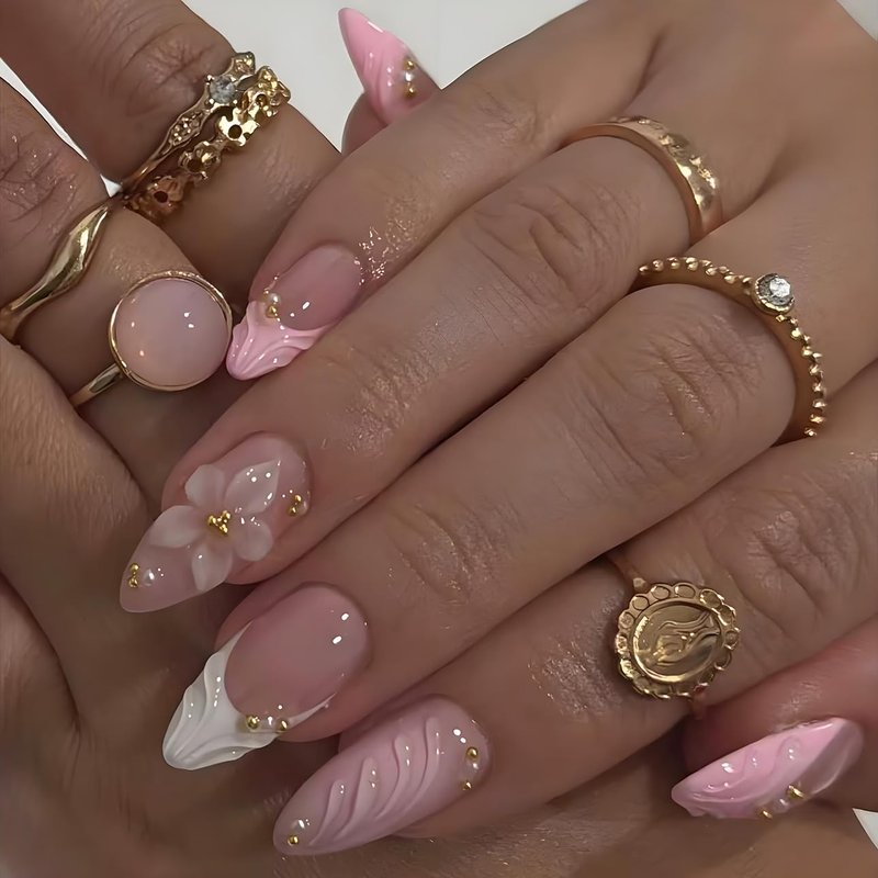 LPOODDNU 3D Pink Press on Nails Almond - Medium French Tip Fake Nails with Embossed Flower&Gold Bead Designs, Glossy Finish Reusable False Nails with Glue Tabs - 24Pcs Nail Kit for Women Manicure