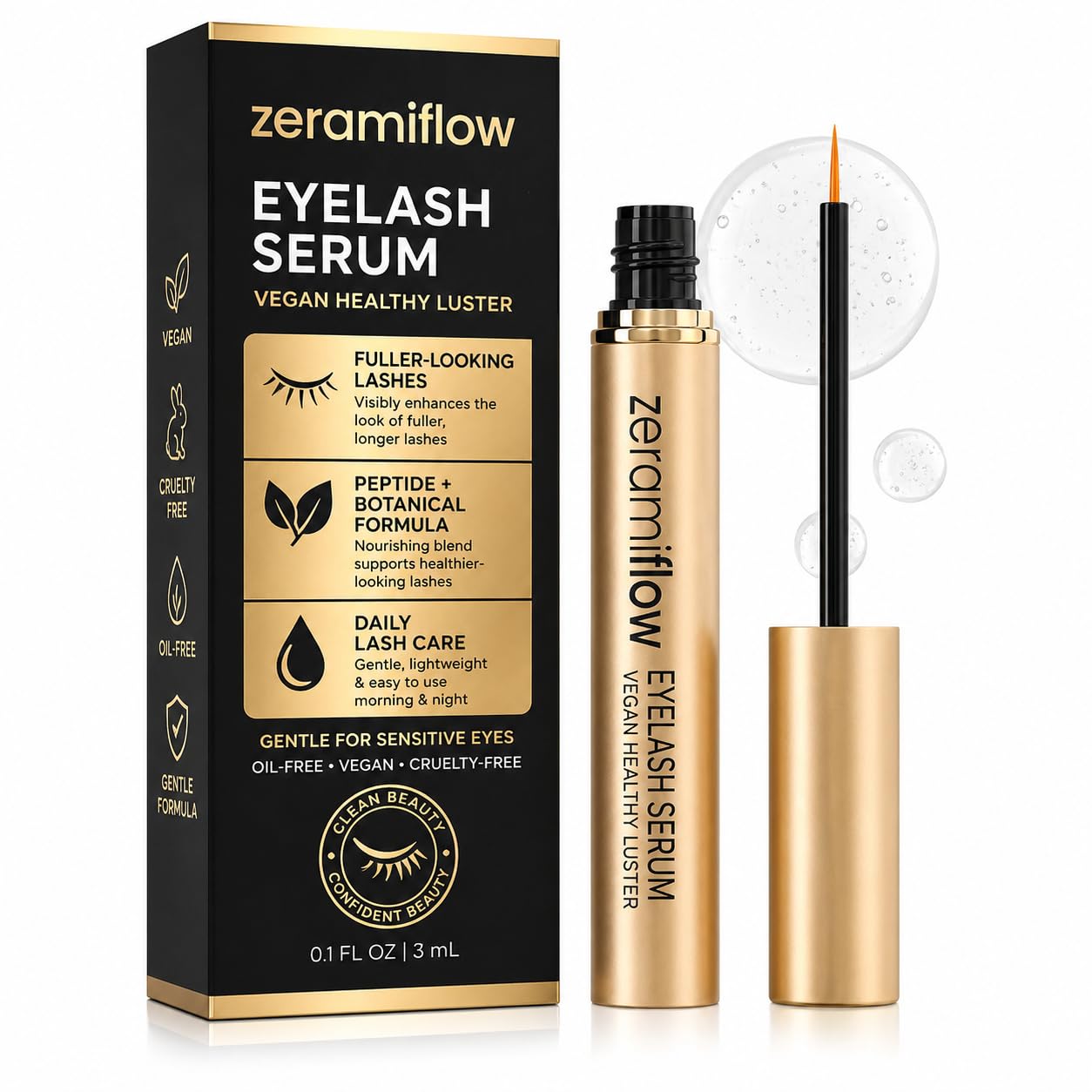 ZeramiFlow Eyelash Serum – Fuller, Longer-Looking Lashes, Vegan Lash Enhancing Serum with Peptides & Panax Ginseng, Gentle for Sensitive Eyes, Oil-Free, 0.1 fl oz