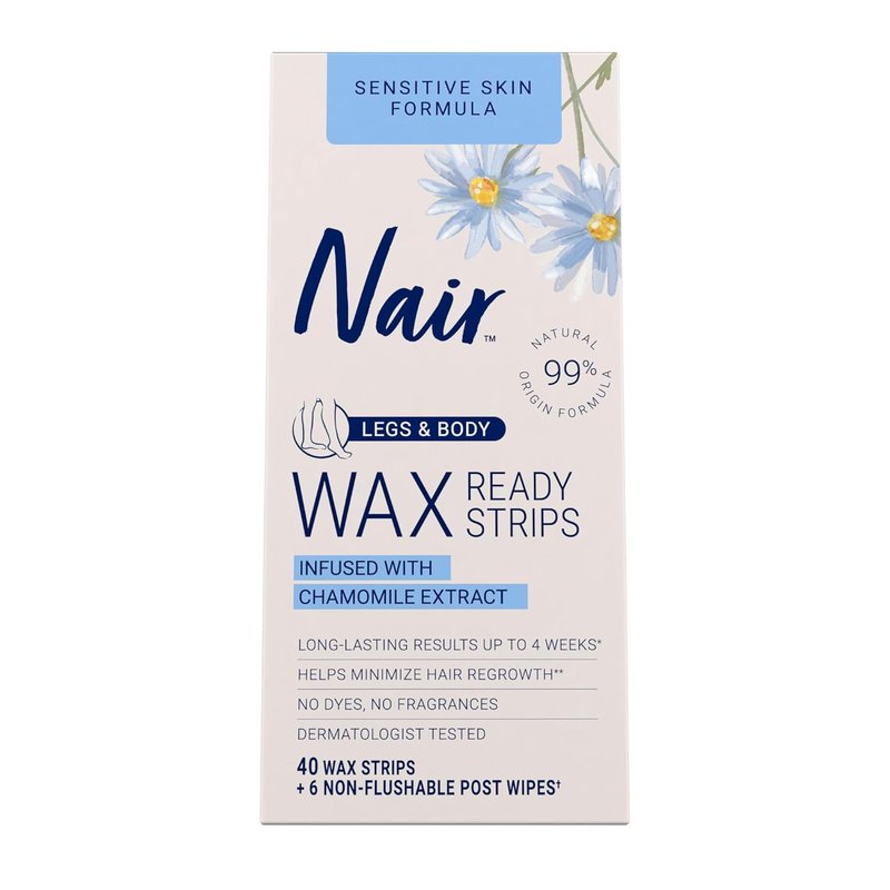 Nair Sensitive Hair Remover Wax Strips - Mess-Free Hair Removal for Sensitive Skin | 40 Count with Chamomile Extract