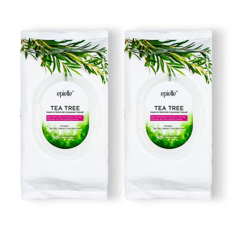 Epielle Tea Tree Makeup Remover Wipes, Gentle Daily Facial Cleanser Towelettes, Remove Dirt, Oil & Waterproof Mascara, Stocking Stuffers, 60 Count (Pack of 2)