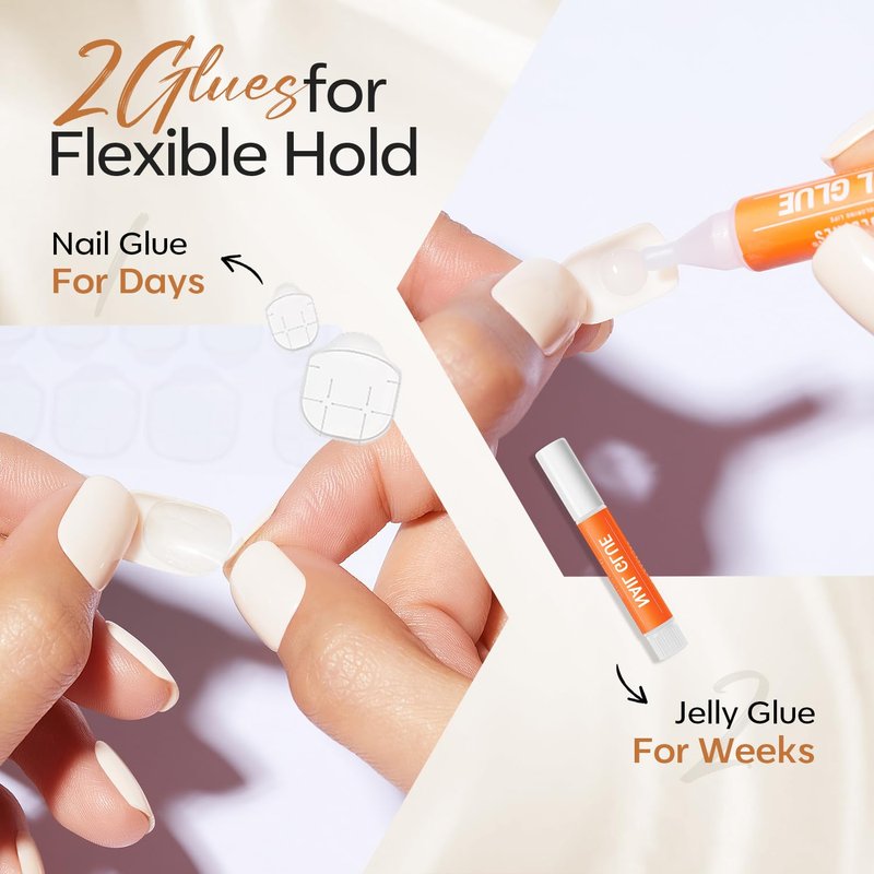 Modelones French Tip Press on Nails Almond, Short Almond Fake Nails, Semi-Transparent Soft Nail Kit with Nail Glue Adhesive Tabs Nail File, Spring Nails Press Ons 30Pcs 15 Sizes, Golden Line