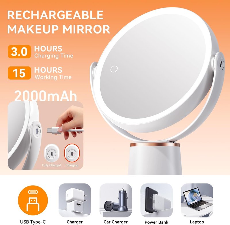Auxmir Makeup Mirror - Double-Sided 30X/1X Magnifying Lighted Vanity Mirror | Rechargeable & Dimmable