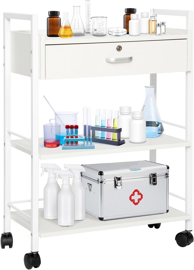 Biosp Salon Trolley Cart - 3 Tier Rolling Utility Cabinet with Lockable Drawer | White Wooden Design