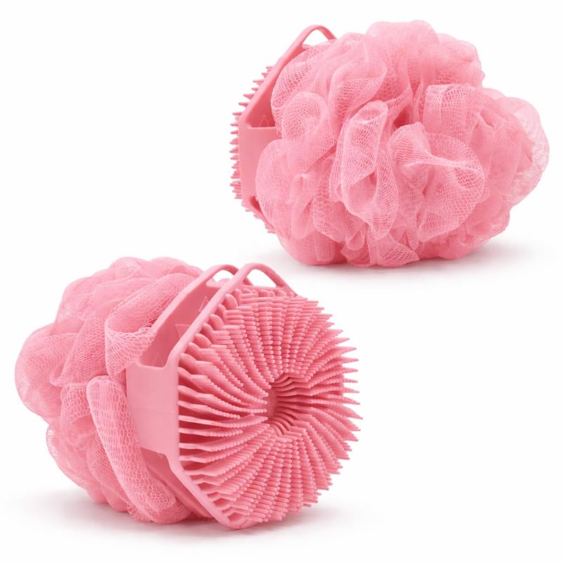 2-in-1 Silicone Body Scrubber & Mesh Loofah Sponge – Exfoliating Silicone Shower Scrubber with Soft Loofa Puff, Bristles, Non-Slip Grip, Quick Dry, Hygienic Body Scrubber for Women & Men