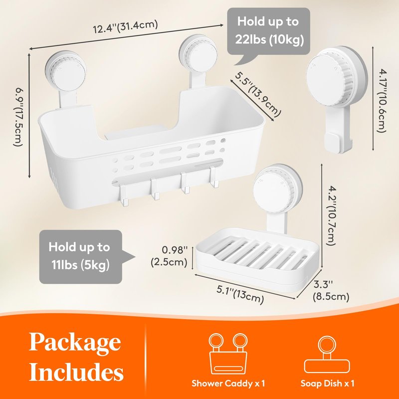 Lifewit Suction Cup Shower Caddy + Soap Dish, Removable Large Basket and Bar Soap Holder for Inside Shower, NO-Drilling Bathroom Kitchen Organizers, 31 x 17 x 14 cm/12 x 5 x 7 inch, Set of 1