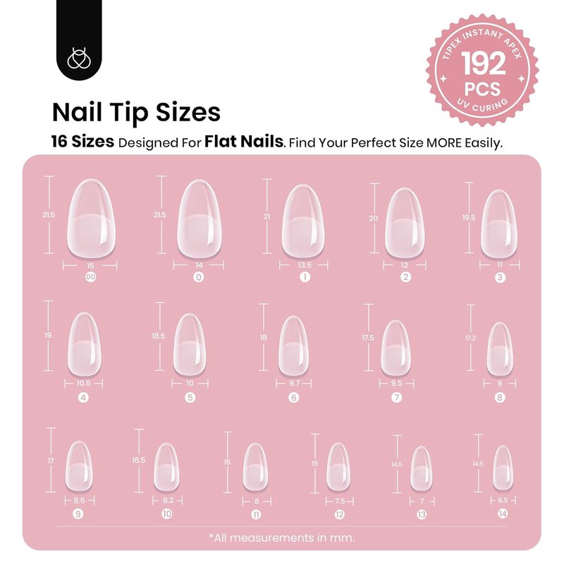 Beetles Instant Apex Nail Tips - Short Oval, 192pcs, 16 Sizes 00-14 | Strong Acrylic for DIY Extensions