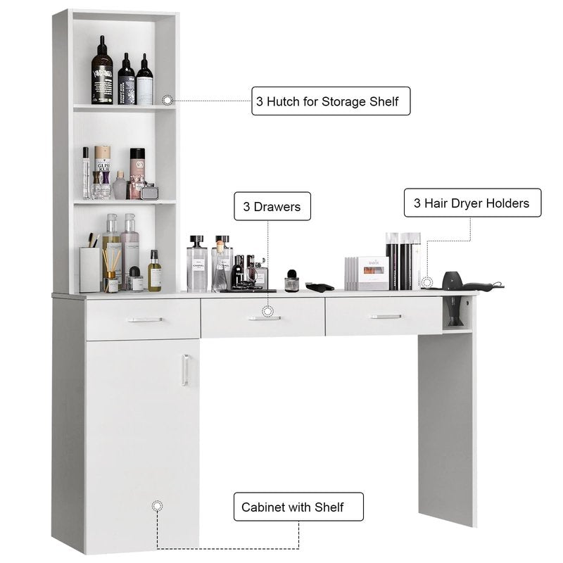 4ever2buy Hair Salon Station for Hair Stylist, Salon Wall Station with Barber Cabinet, Barber Stations Equipment Hair Dryer Holder, Drawers (White)