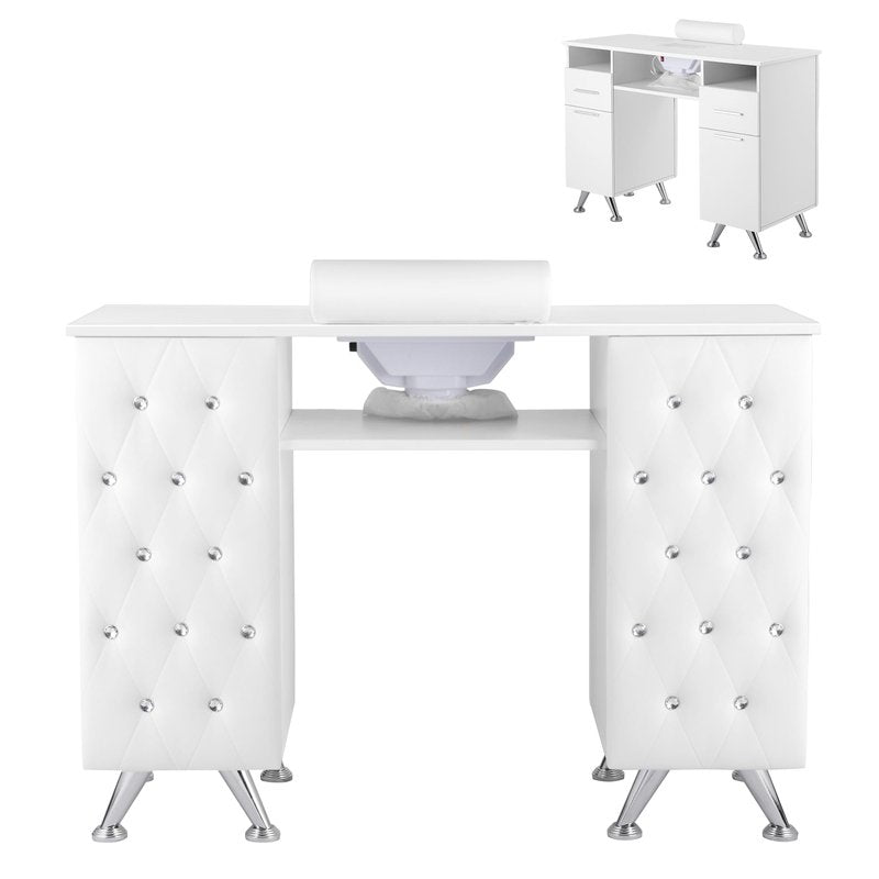 Hicomony Manicure Table Nail Desk with Storage, Professional Nail Tech Desk,with Upholstered Leather Cabinets, Crystal Tufted Modern Nail Salon Desk Table for Beauty Studio