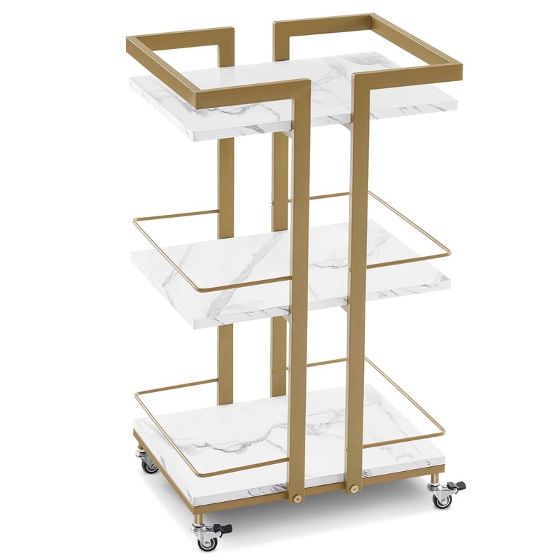 BarberPub Utility Salon Trolley, Metal Storage Rolling Barber Trolley with Wheels, Golden Esthetician Cart, Multi-Purpose 3-Tier Mobile Facial Trolley, Nail Cart 2033 (White)