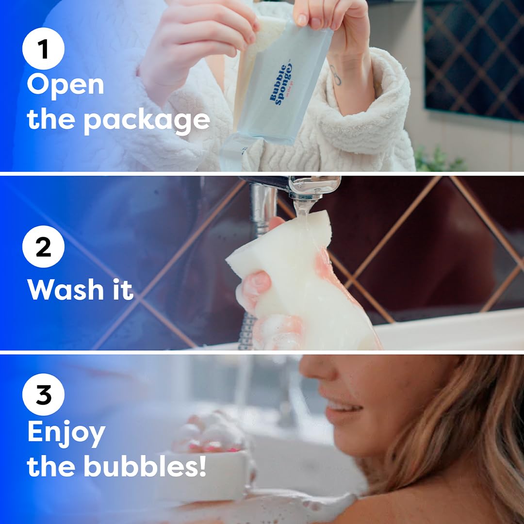 Bubble Sponge® Travel Sponge with Soap, 3-Ct. Disposable Compressed Bath Sponges Infused with Soap - Patent-Pending - No Rinse Shower Wipes - All-in-1 Single Use Bathing Sponges - Travel Essentials