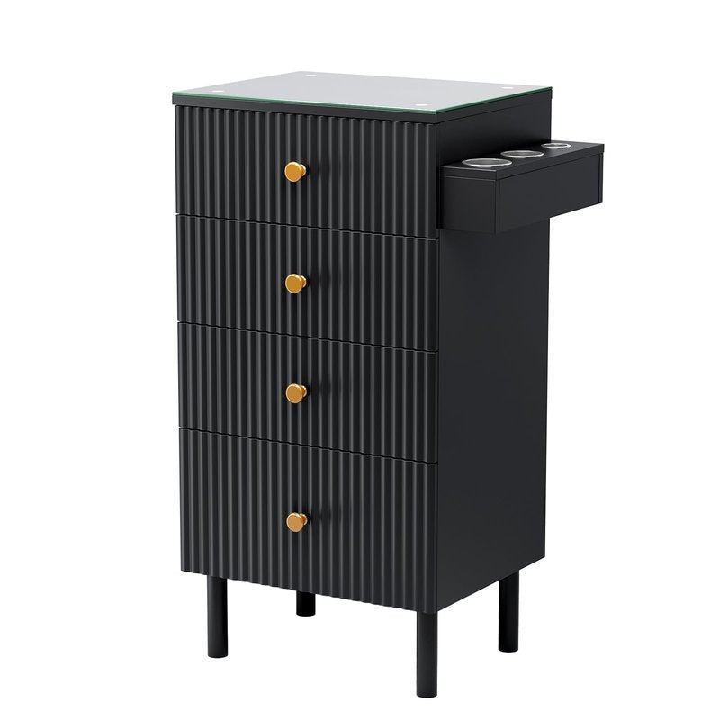 OmySalon Salon Station, Barber Station for Stylist, Hair Storage Cabinet with Glass Top & 4 Drawers & 3 Heat Resistant Tool Holders, For Beauty Spa, Salon, Black