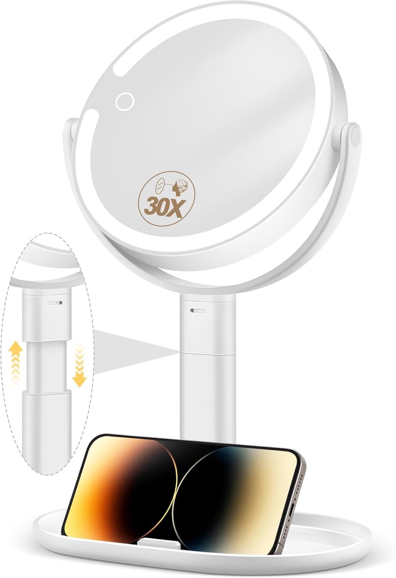 Makeup Mirror with Lights - 30X Magnifying & Height Adjustable | 3 Light Modes, Stepless Dimming, White Vanity Mirror
