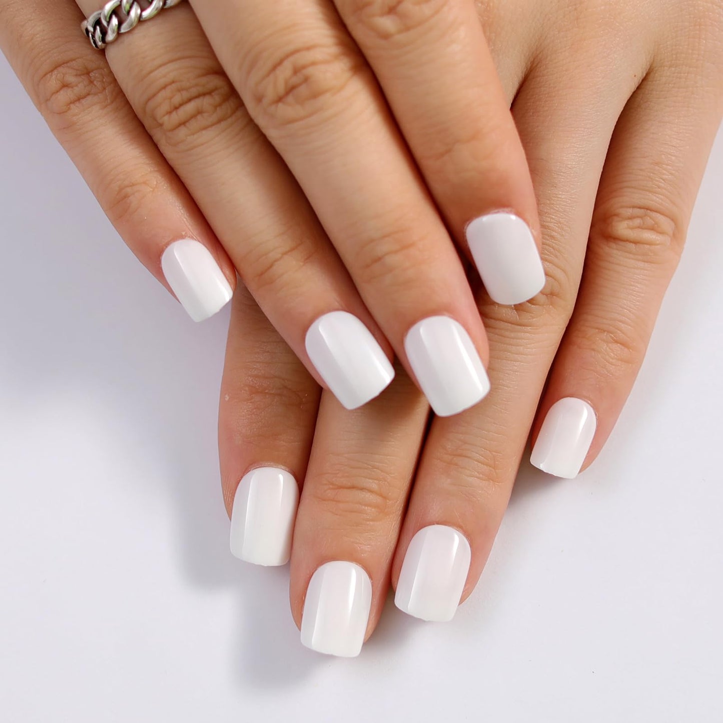 Stbisen Milky White Press On Nails Short, Glossy Soft Gel Press On Nails Square with Nail Glue, 15 Sizes - 30 Fake Nails Kit, Thick Natural Reusable Glue On Nails for Women, White Mirage