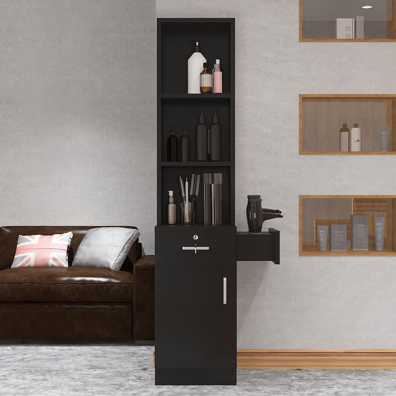 Paddie Hair Salon Stations - Lockable Wall-Mount Barber Stations with Drawer & Storage Cabinet | Black