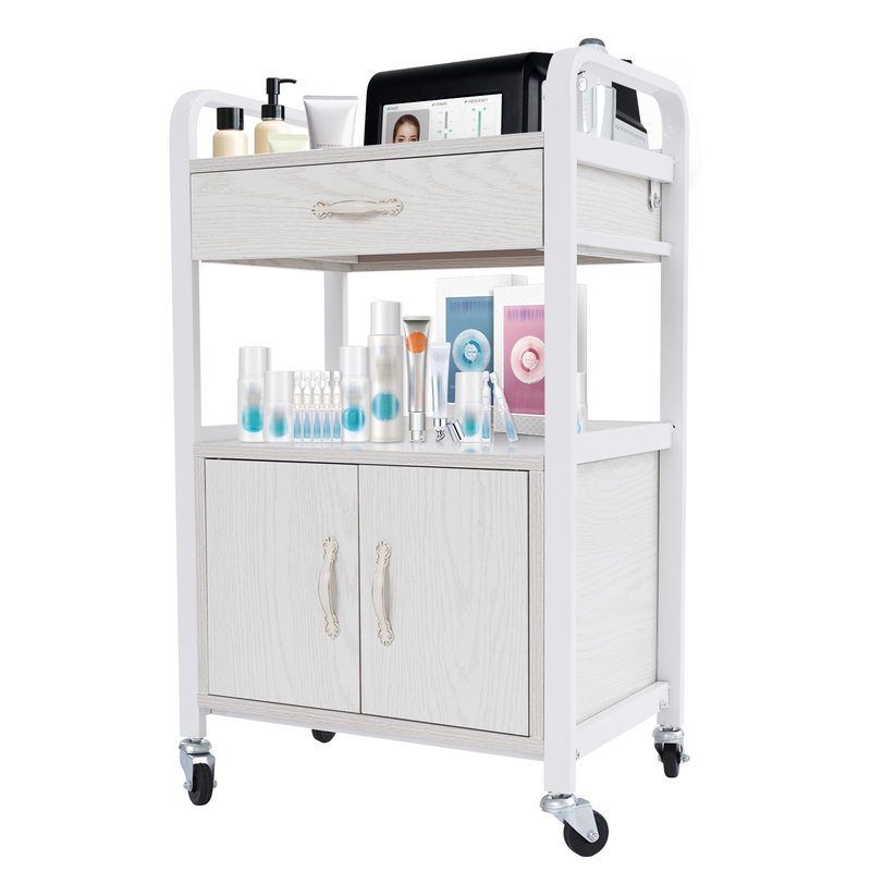 KUMOYOU Rolling Salon Storage Trolley Cart, with Drawers Movable Beauty Organizer, Hair Salon Station Cabinet for Stylist, Barber Shop,Home (White)