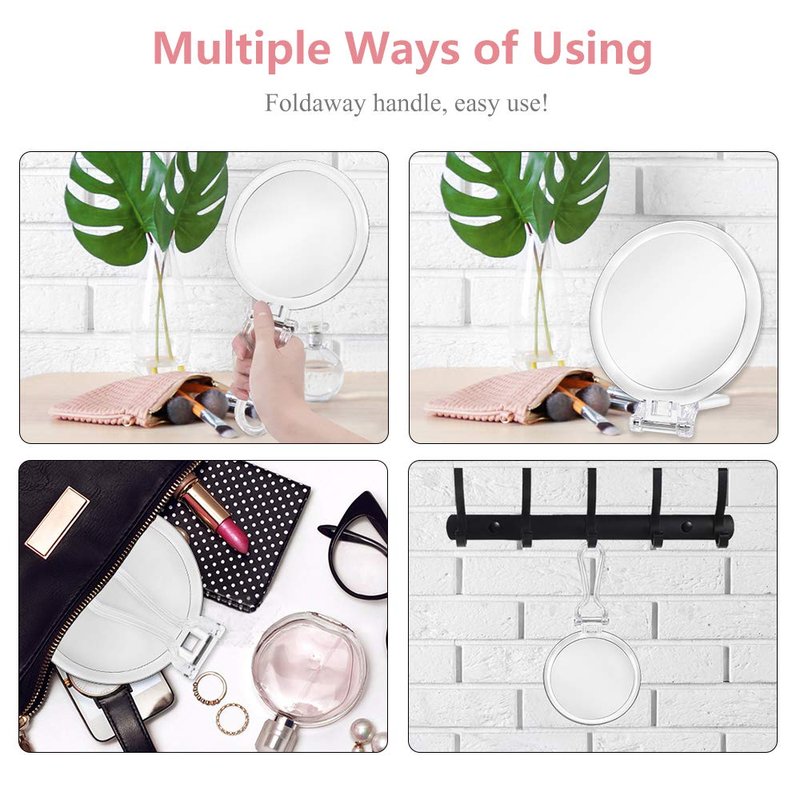 Cheftick Double Sided Hand Held Mirror - 1X & 7X Magnifying Handheld Makeup Mirror with Adjustable Folding Handle, Portable, Transparent & Round (6")