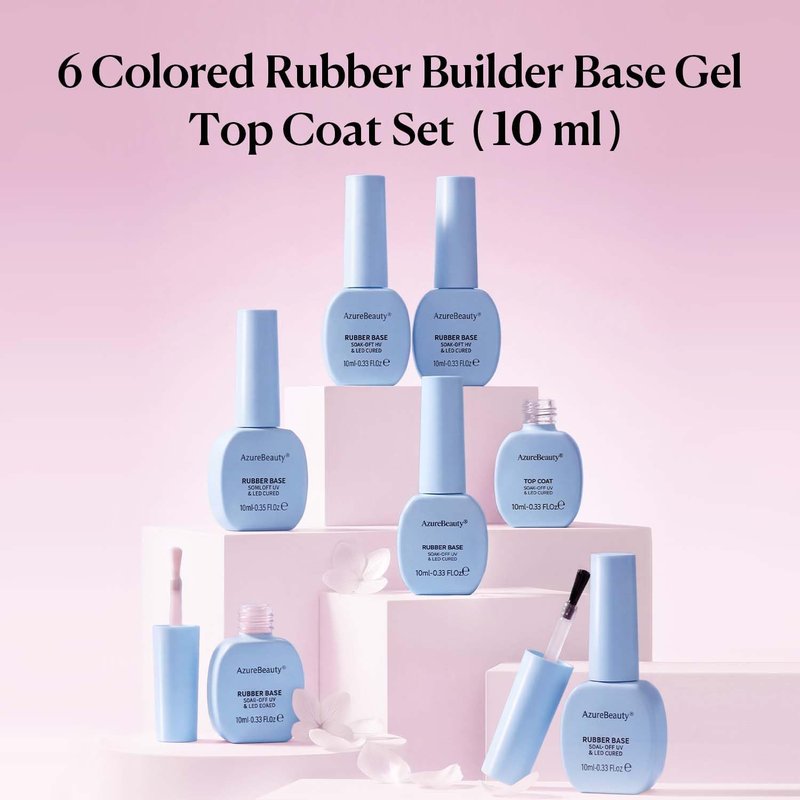 AZUREBEAUTY 10ml 6 Color Rubber Base Gel Polish with Top Coat Set, Builder Gel for Thin Weak Nails, Sheer Nude Pink Jelly Self-Leveling Apex Building Nail Strengthener, Long Lasting Soak Off UV LED