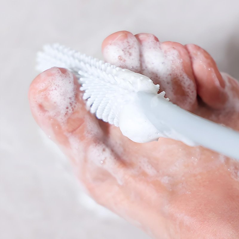 4-Pack Silicone Foot Scrubber & Toe Cleaning Brush with 15.3" Long Handle - No-Bend Shower Design for Seniors & Men & Women (Pink & Grey)
