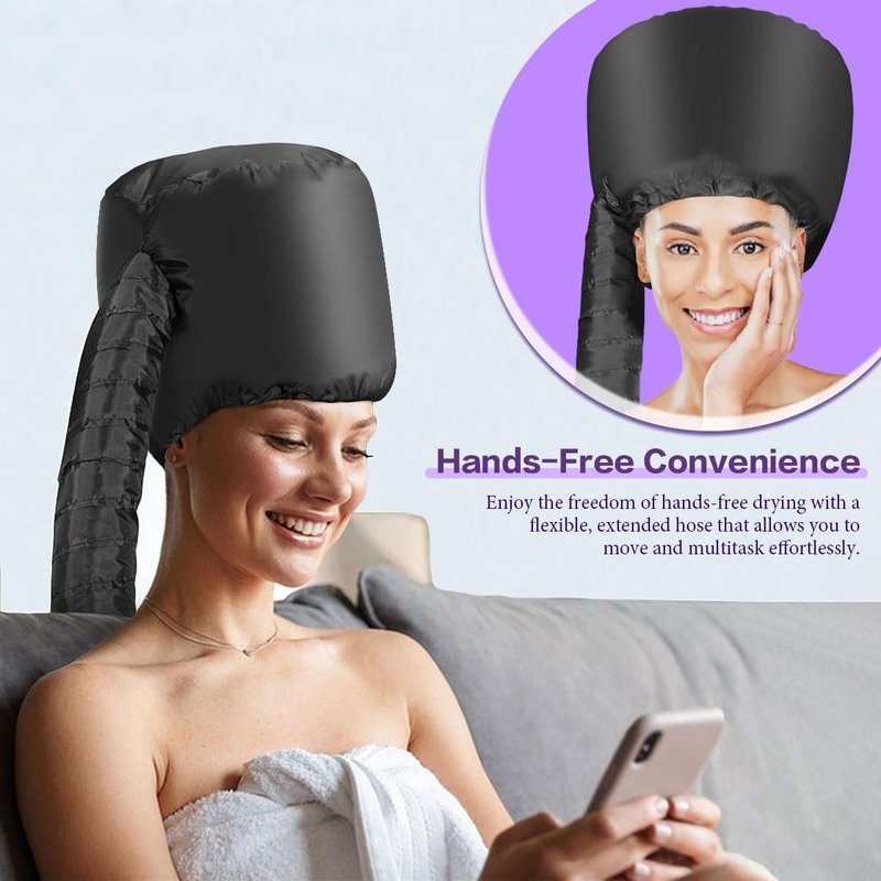 Hooded Hair Dryer Bonnet - Fast-Drying Bonnet for Natural Hair | Adjustable Fit, Portable & Lightweight (Black)