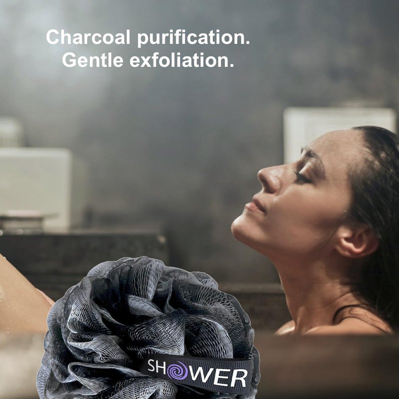 Loofah Charcoal Back Scrubber & Bath Sponge Set - 1 Long Handle Brush + 2 Extra Large 75g Soft Mesh Puffs | Unisex Exfoliating Tool