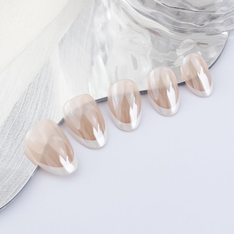 Glossy White French Tip Press-On Nails - Short Almond Shape | 32 Pcs Full Cover Chrome Stick-On for Women