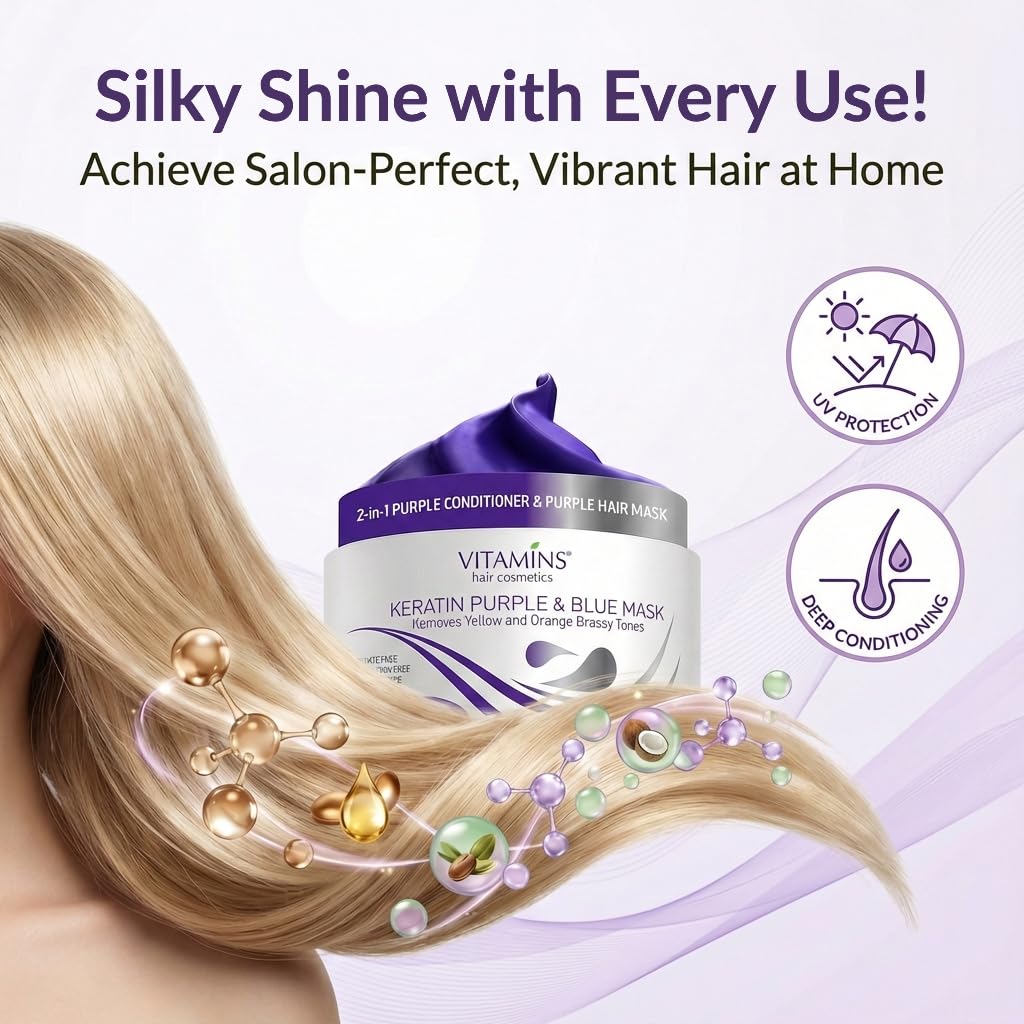 VITAMINS hair cosmetics Keratin Purple Hair Mask - Blue Hair Mask Deep Conditioner Treatment - Blonde Toner to Neutralize Brassiness in Brassy Blonde, Silver, White, Gray & Brown Locks
