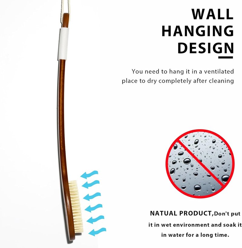 Natural Boar Bristle Bath Brush - Anti-Slip Long Handle Shower Scrubber | Exfoliating Back Brush with Pumice Stone (17.71 Inch)