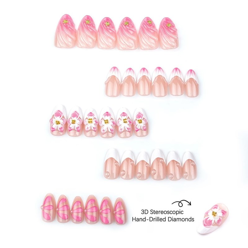 3D Pink Flower Press On Nails Nude Pink Gradient French Tip False Nails with Water Drop & Gold Starfish Decor, Medium Almond Reusable Fake Nails for Women Wedding Date (30 Pcs)