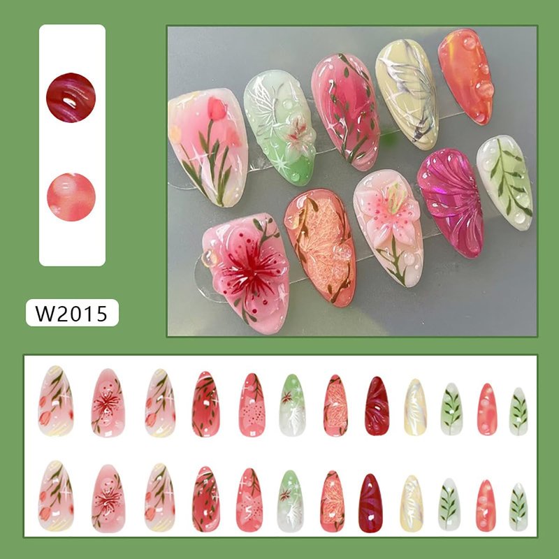 24Pcs Pink Flower Press on Nails Medium Almond Fake Nails 3D Floral Leaf with Silver Butterfly Designs Spring Summer False Nails Cute Colorful Full Cover Glue on Nails for Women Acrylic Manicure DIY